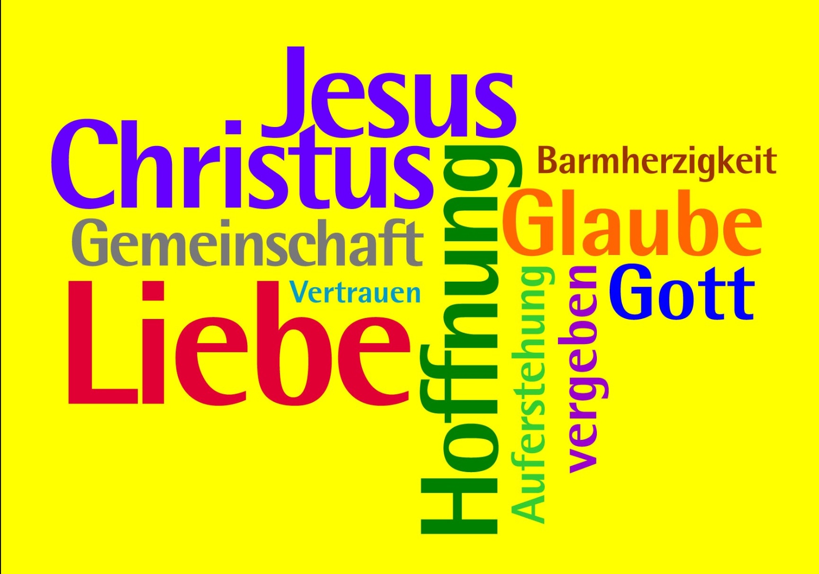 Foto:  25.6.2018

ZEHN große Wörter des Christentums
Das Ergebnis:

Die meistgenannten der ZEHN großen Wörter des Christentums sind allesamt gut biblisch-neutestamentlich fundiert.
Das mit Abstand am häufigsten genannte Wort ist LIEBE, gefolgt von JESUS CHRISTUS. Da kommt einem doch das berühmt Wort von Paulus in den Sinn (1 Kor 13,13):

    „Für jetzt bleiben Glaube, Hoffnung, Liebe, diese drei; /doch am größten unter ihnen ist die Liebe.“